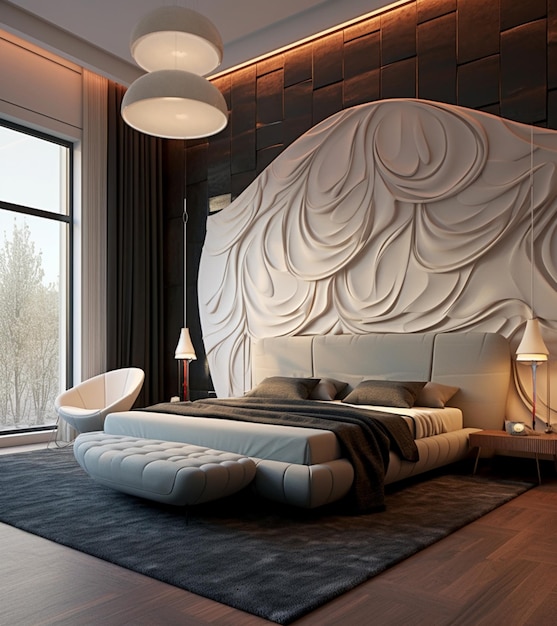 arafed bedroom with a large bed and a large window generative ai