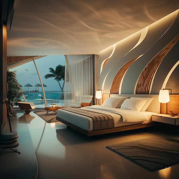 arafed bedroom with a large bed and a view of the ocean generative ai