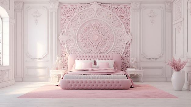 arafed bedroom with a pink bed and a pink rug generative ai