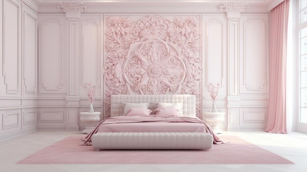 arafed bedroom with a pink bed and a pink rug generative ai