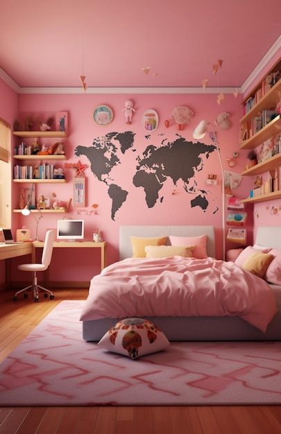 Arafed bedroom with a pink wall and a map on the wall generative ai