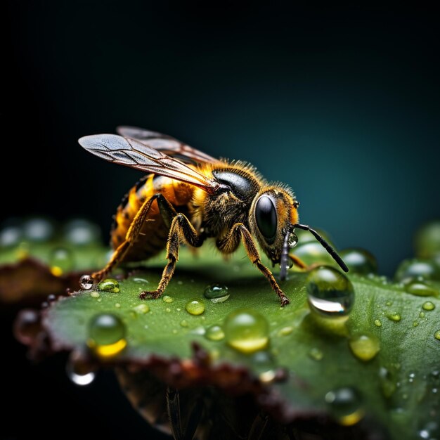 arafed bee on a leaf with water droplets on it generative ai