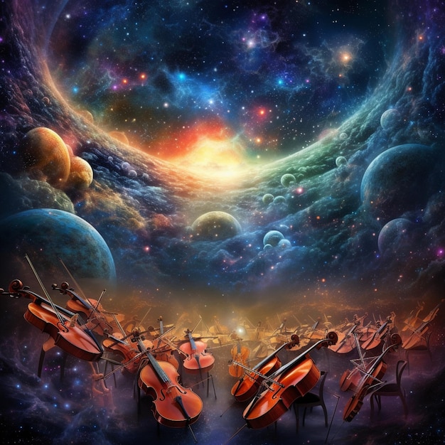 arafed beeld van een groep cello's in een ruimte met planeten generatieve ai