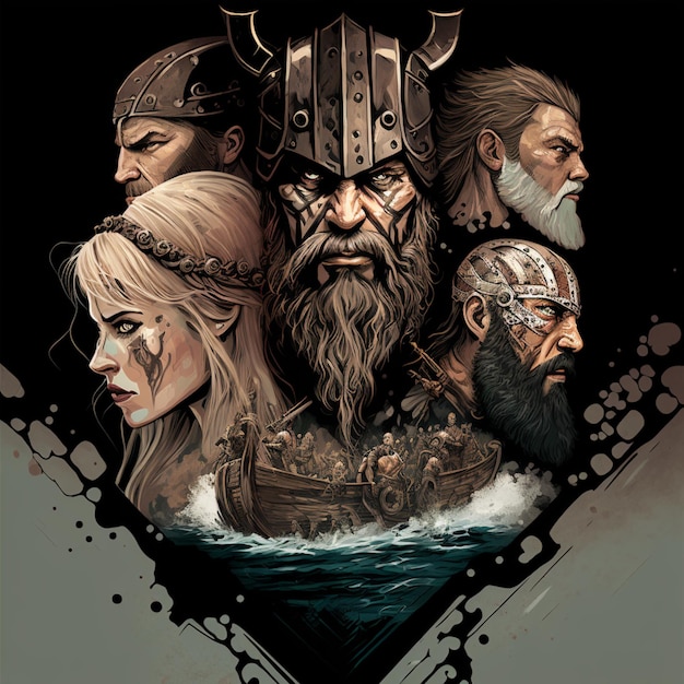 arafed beeld van een groep mensen met vikinggezichten generatieve ai