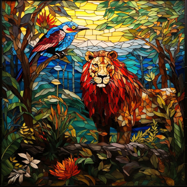 arafed beeld van een leeuw en een vogel in een glas-in-lood venster generatieve ai