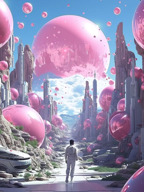 Arafed beeld van een man die door een futuristische stad loopt met roze ballonnen generatieve ai