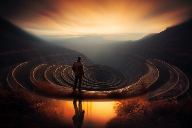 Foto arafed beeld van een man die in een cirkelvormige vortex staat met een zonsondergang op de achtergrond generatieve ai