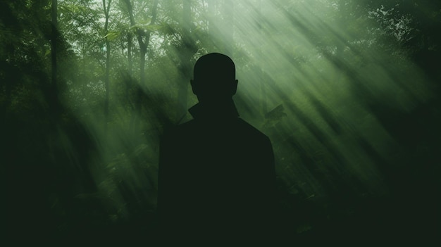 Foto arafed beeld van een man die in het bos staat met een zonnestraling generatieve ai