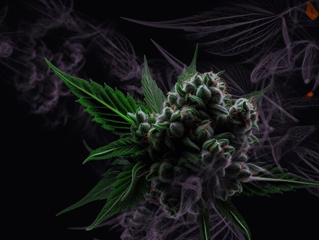 Arafed beeld van een marihuana plant met een paarse rook effect generatieve ai