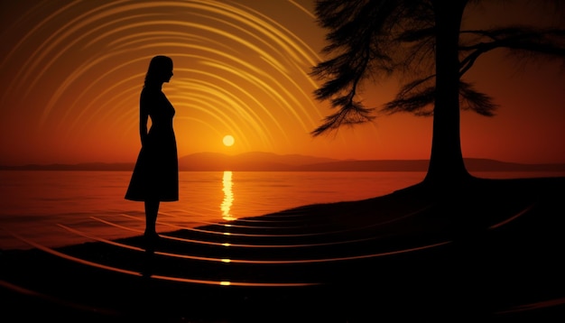 arafed beeld van een vrouw die op een strand staat bij zonsondergang generatieve ai