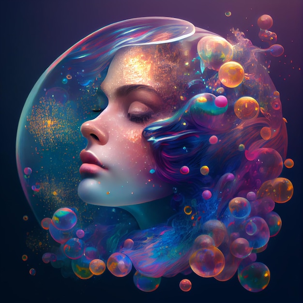 arafed beeld van een vrouw met een kleurrijk haar en bubbels generatieve ai