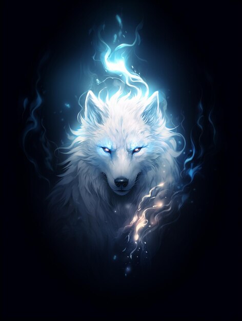 arafed beeld van een witte wolf met blauwe ogen en een gloeiende manen generatieve ai