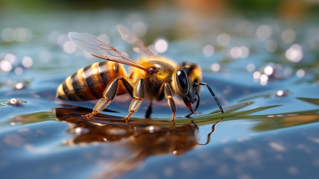 Arafed bij met een lange watermassa met een klein insect in zijn mond generatieve ai