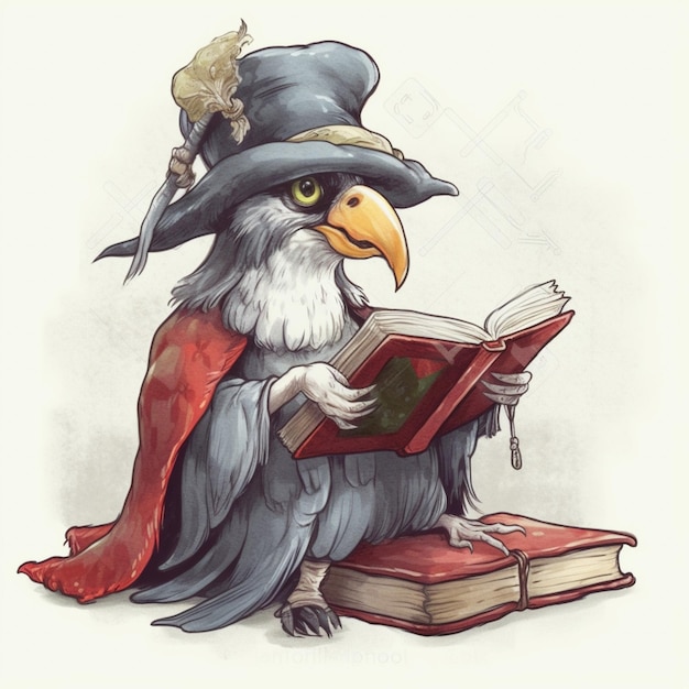 Arafed bird dressed as a wizard reading a book generative ai