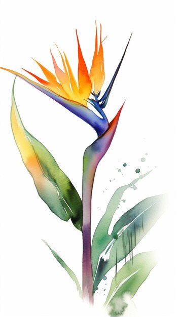 Photo arafed bird of paradise flower with watercolor splashs on white background generative ai