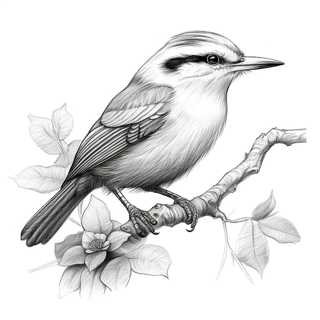 arafed bird sitting on a branch with leaves and flowers generative ai