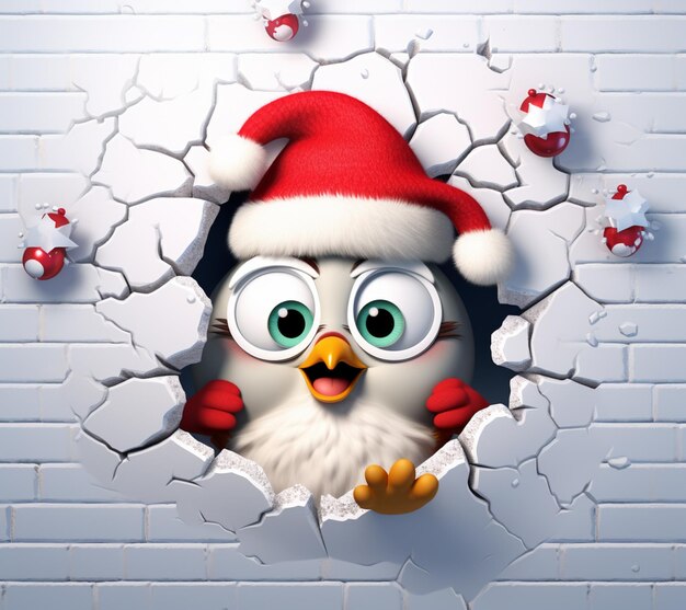 Photo arafed bird wearing a santa hat and glasses looking through a hole in a wall generative ai