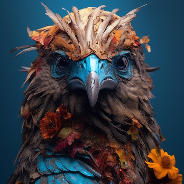 Arafed bird with a blue headdress and feathers on its head generative ai