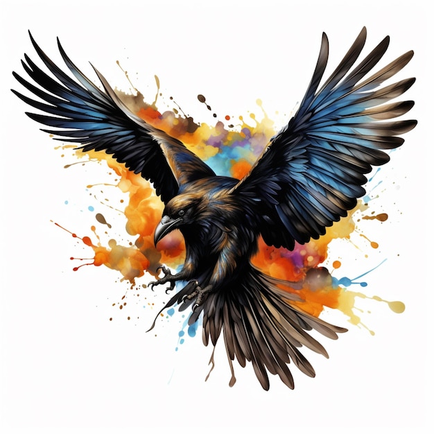 Рафированная птица с распростертыми крыльями и красочным брызгом краски генеративной аи