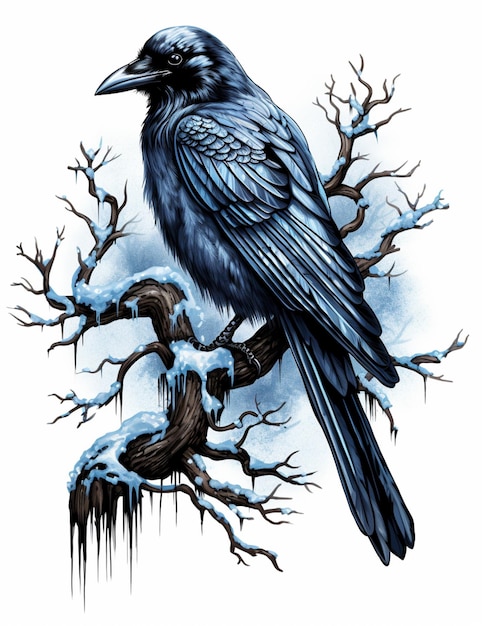 arafed black bird sitting on a branch with snow on it generative ai