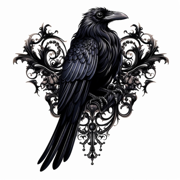 Photo arafed black bird sitting on a decorative frame with a white background generative ai