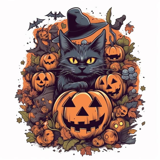 arafed black cat with a hat and pumpkins in a wreath generative ai