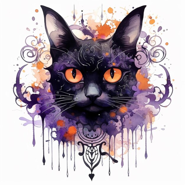 Arafed black cat with orange eyes and a purple background generative ai