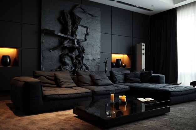 arafed black couch in a living room with a large painting on the wall generative ai