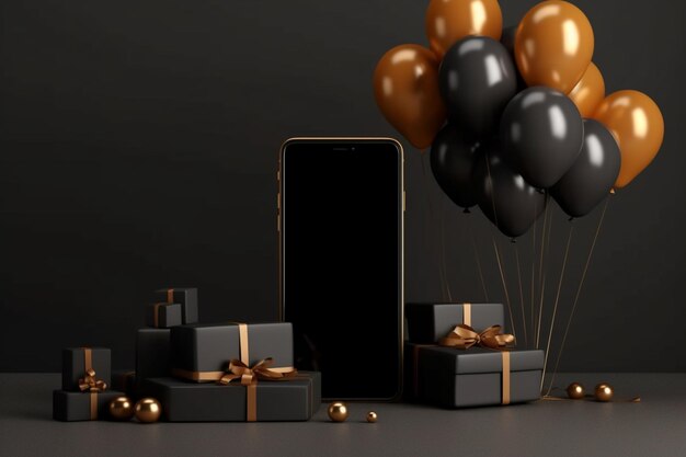 Arafed black and gold balloons and gift boxes with a black phone generative ai