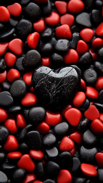 Arafed black and red heart shaped stones on a bed of black and red rocks generative ai