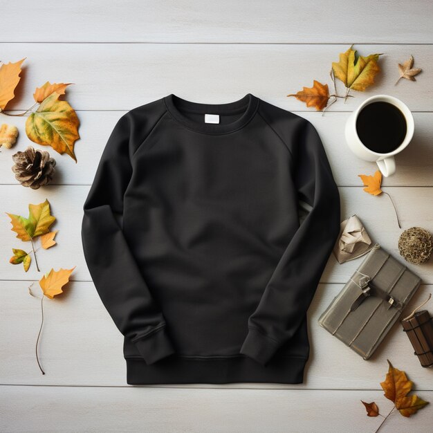 arafed black sweatshirt with a cup of coffee and autumn leaves generative ai