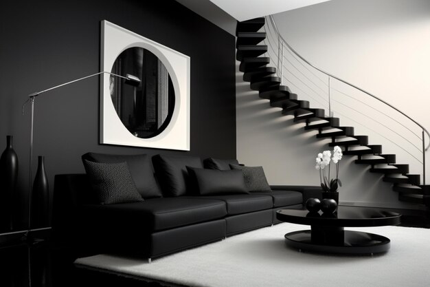 arafed black and white living room with a black sofa and a white coffee table generative ai