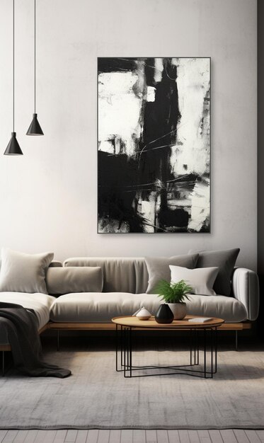 arafed black and white painting on a wall above a couch generative ai