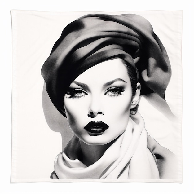 arafed black and white photograph of a woman with a scarf and a hat generative ai