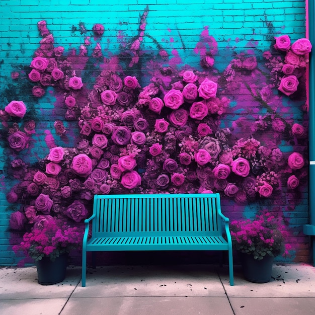 arafed blue bench in front of a wall with pink roses generative ai