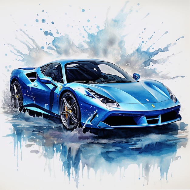 Arafed blue sports car with splashes of paint on the side generative ai