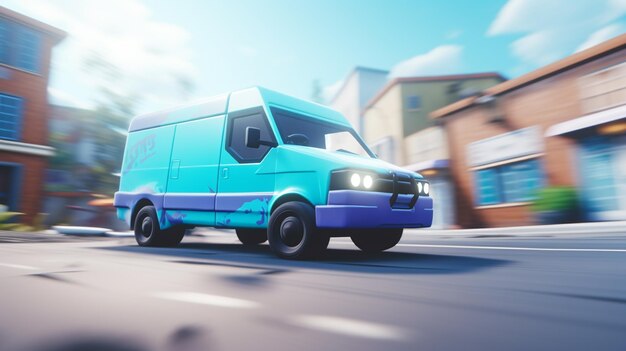 Photo arafed blue van driving down a city street in the daytime generative ai