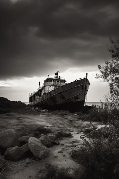 Arafed boat sitting on top of a rocky beach next to a tree generative ai