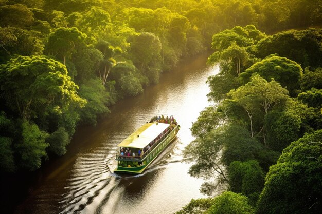 Arafed boat traveling down a river surrounded by trees generative ai