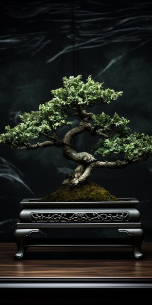 Foto albero dei bonsai arafed in un vaso nero su un tavolo di legno ai generativo