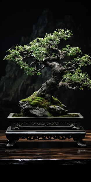 Arafed bonsai tree in a black pot on a wooden table generative ai
