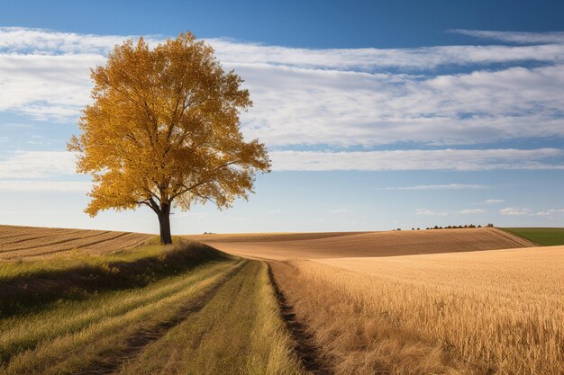 Arafed boom in een veld met een onverharde weg op de voorgrond generatieve ai