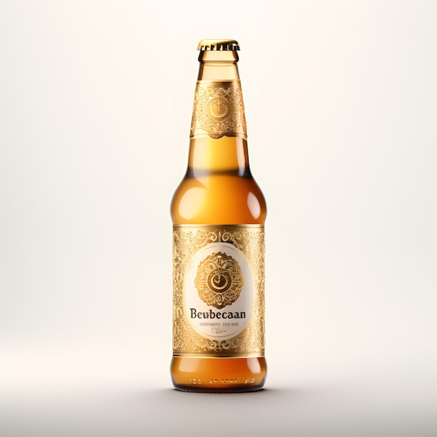 arafed bottle of beer with a gold label on a white background Generative AI