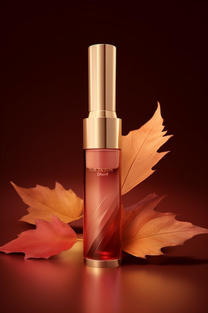 arafed bottle of perfume with autumn leaves on a table generative ai