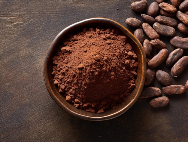 arafed bowl of cocoa beans and cocoa powder on a table generative ai