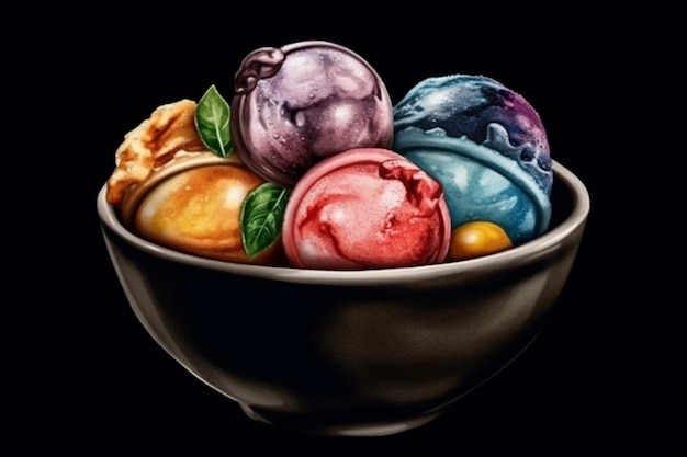 검은색 배경 생성 AI가 있는 다채로운 아이스크림의 Arafed 그릇