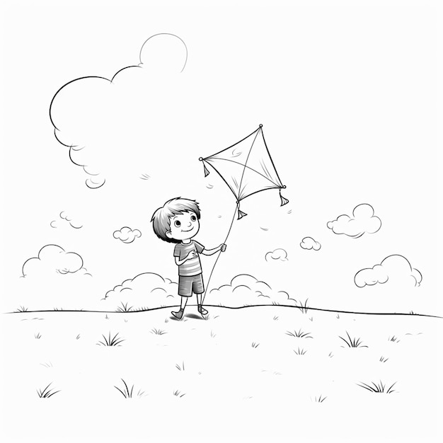 arafed 소년은 구름이 은 하늘과 함께 필드에서 Kite를 날리는 생성 ai