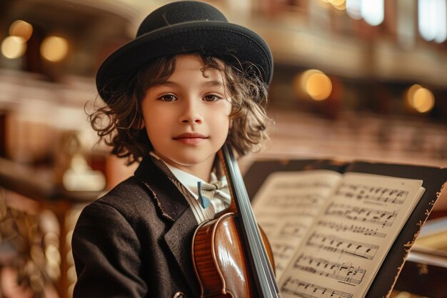 写真 スーツと帽子をかぶった男の子がバイオリンを握っている