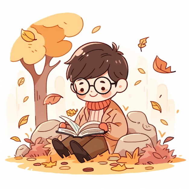 Arafed boy sitting on a bench reading a book in the fall generative ai