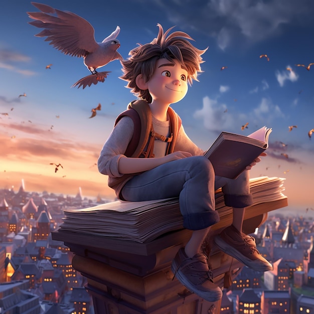 Arafed boy sitting on a book with a bird flying over a city generative ai